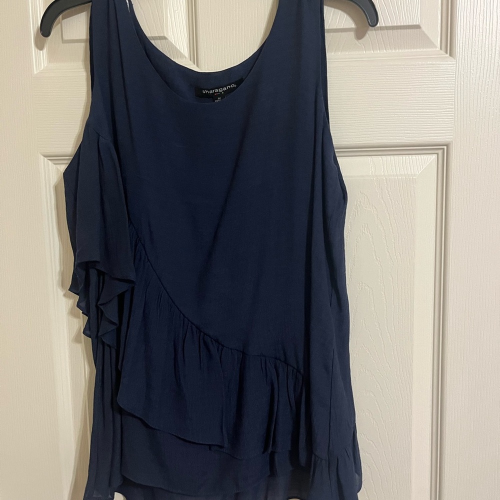 Sharagano Blue Asymmetrical Ruffled Tank Top